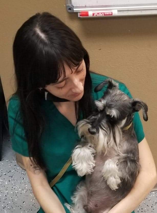 Kassandra holding a Schnauzer 